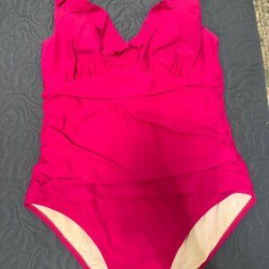 DKNY Ruffle One Piece Swimsuit, Size 16, Hot Pink